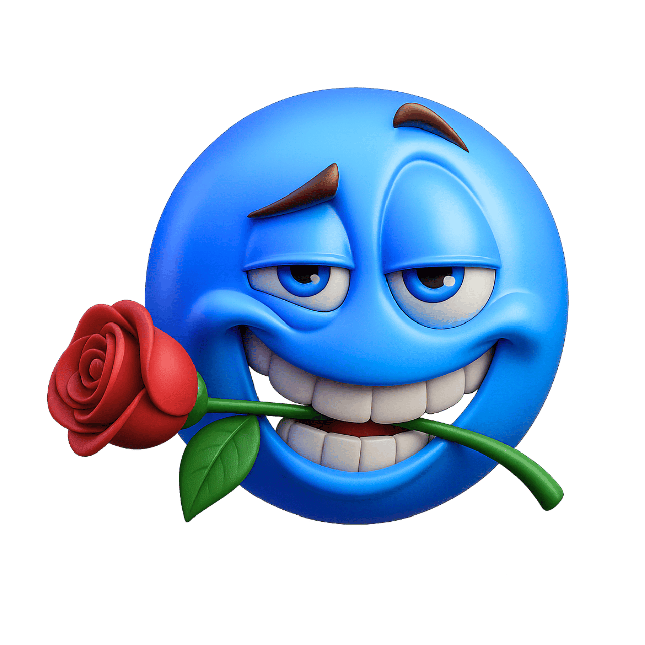 Romantic blue 3D emoji holding red rose in mouth with charming facial expression