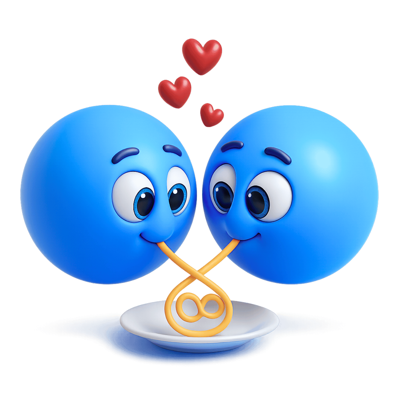 Romantic spaghetti emoji with blue faces sharing pasta and hearts in love