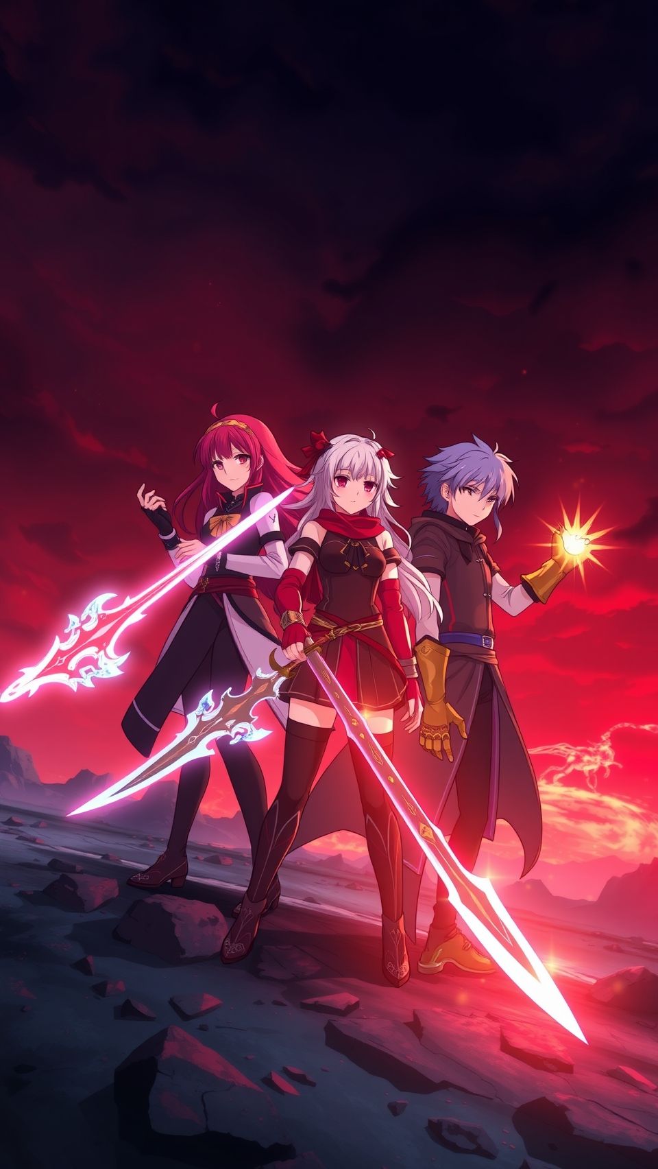 RWBY anime wallpaper featuring Ruby Weiss and team with glowing swords and magic