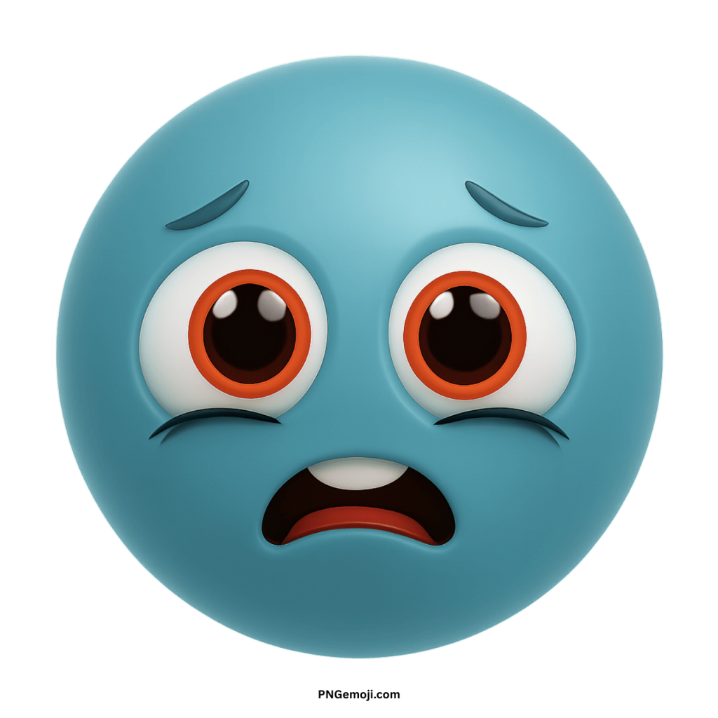 Sad animated blue emoji with big teary eyes and worried crying face expression