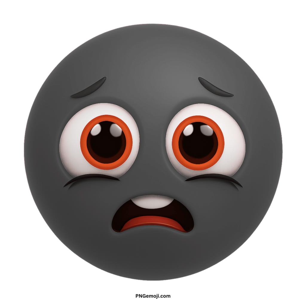 Sad animated black emoji face with wide eyes showing scared worried emotional expression