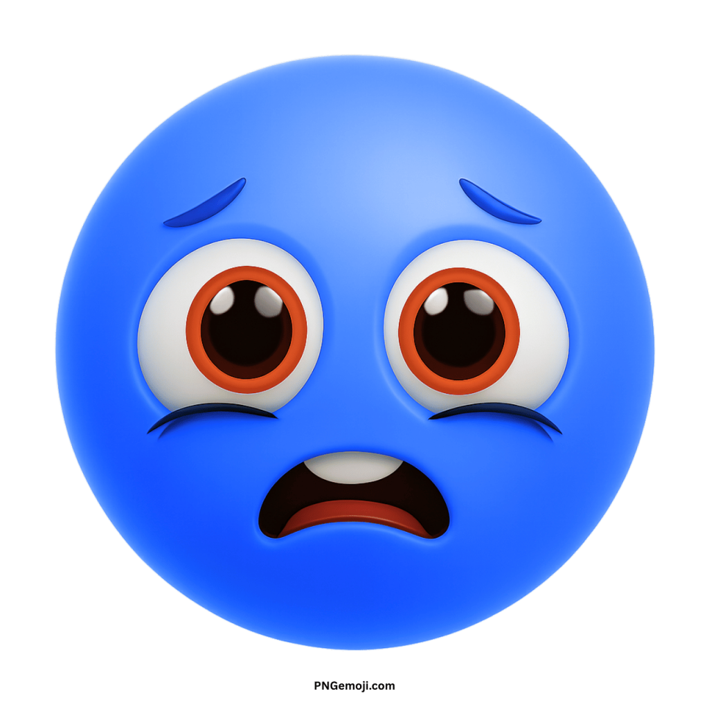 Sad animated emoji blue face with big eyes showing worried scared emotional expression
