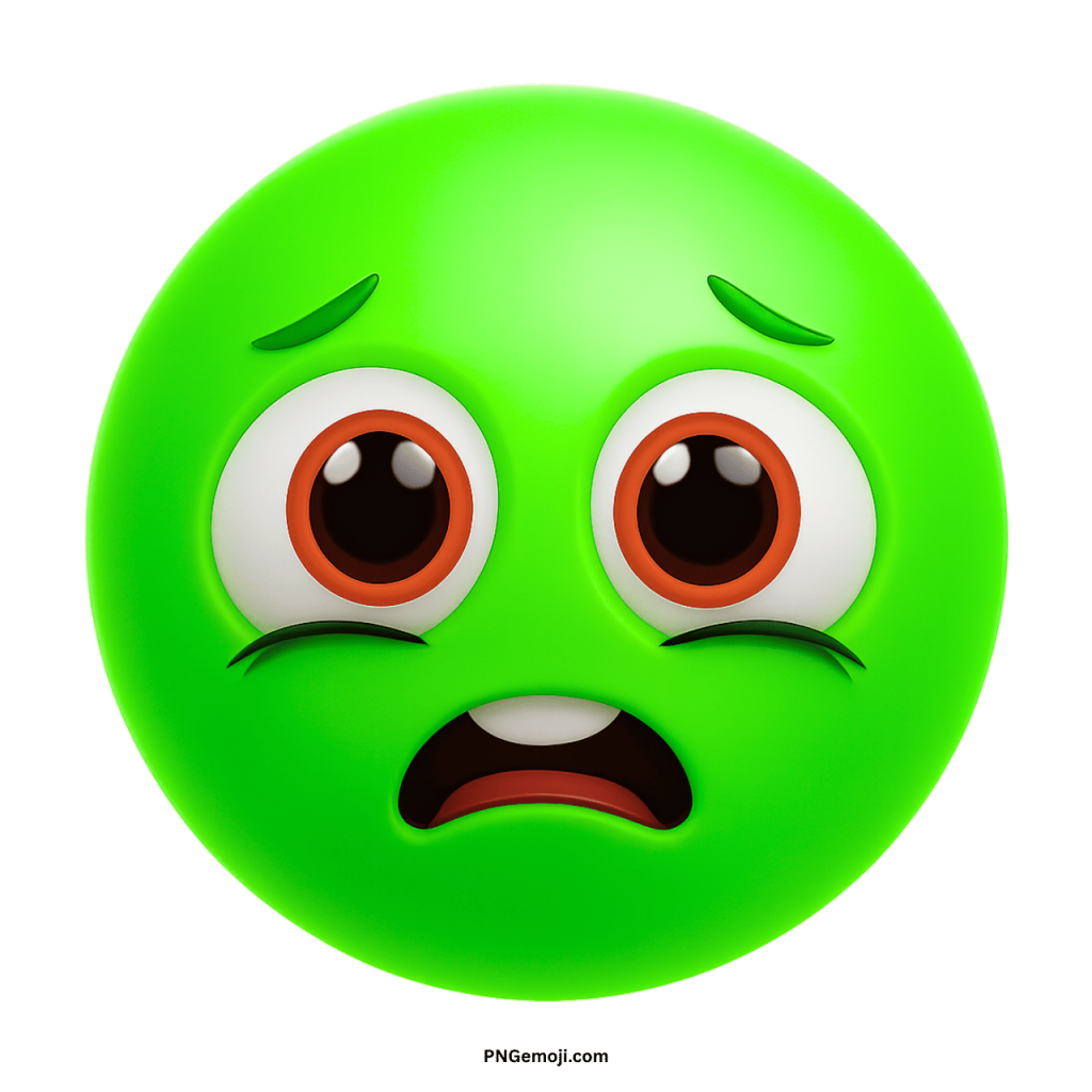 Sad animated green emoji face with wide eyes showing scared nervous emotional expression