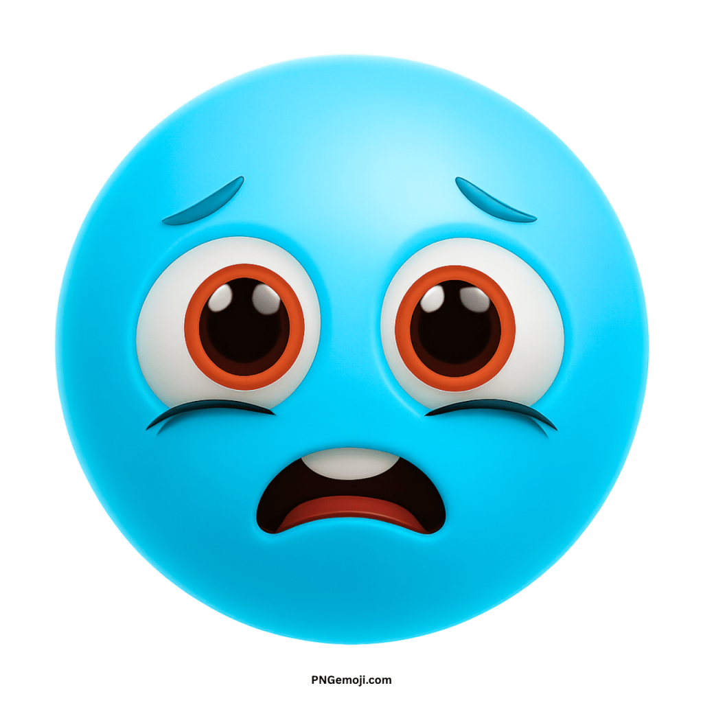Sad animated light blue emoji face with wide eyes showing scared worried emotional expression