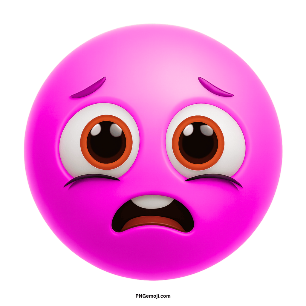Sad animated pink emoji face with wide eyes showing scared worried emotional expression