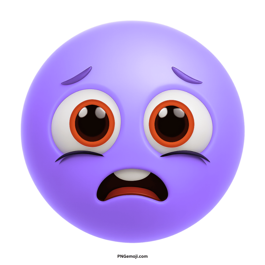 Sad animated purple emoji face with wide eyes showing scared nervous emotional expression