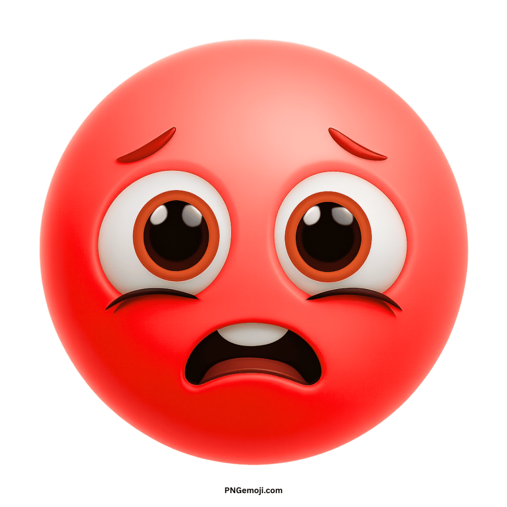 Sad animated red emoji face with wide eyes showing scared worried emotional expression