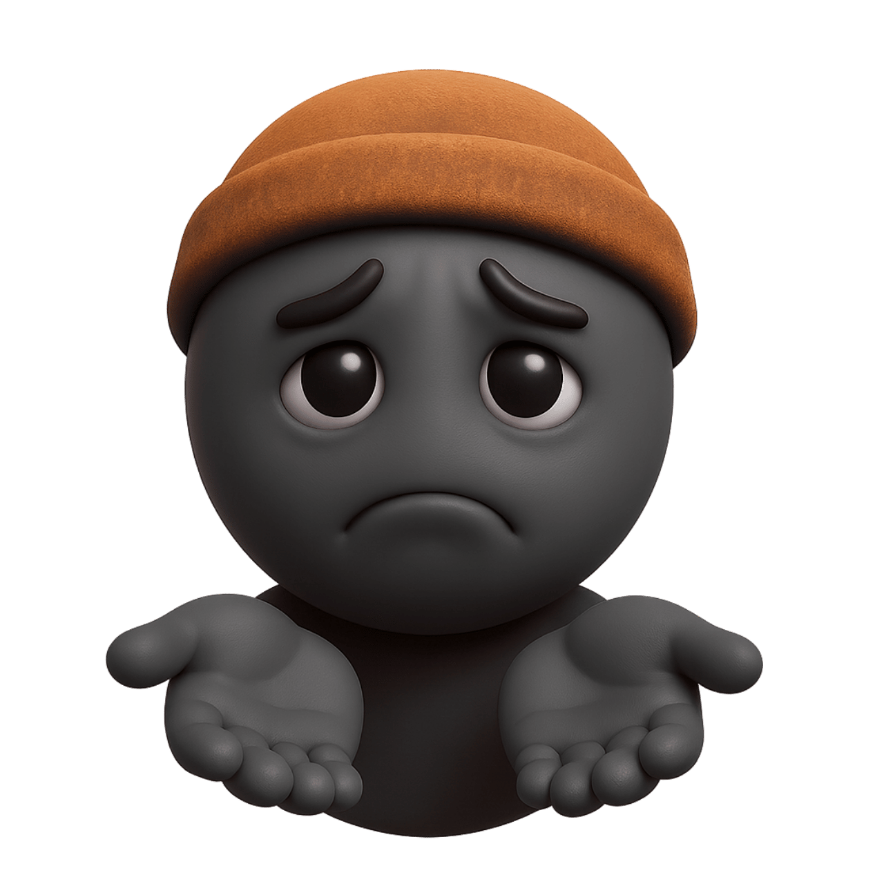 Sad beggar emoji character with brown hat showing empty hands and hopeless look