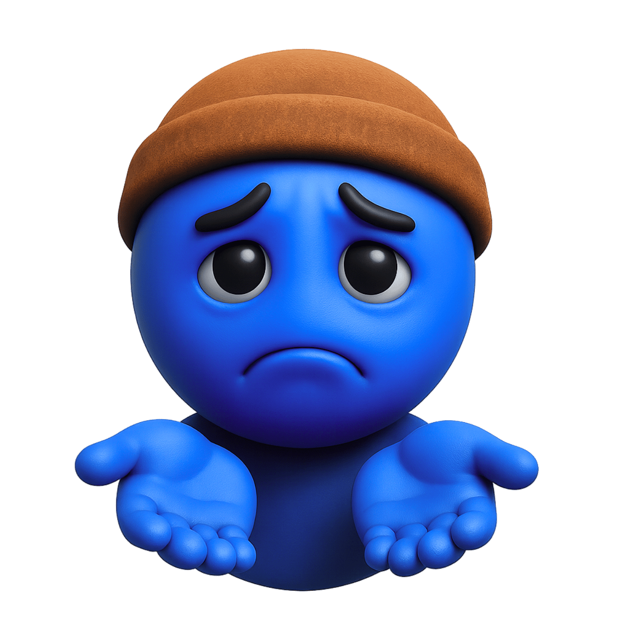 Blue sad emoji character with brown hat showing confusion and disappointment gesture