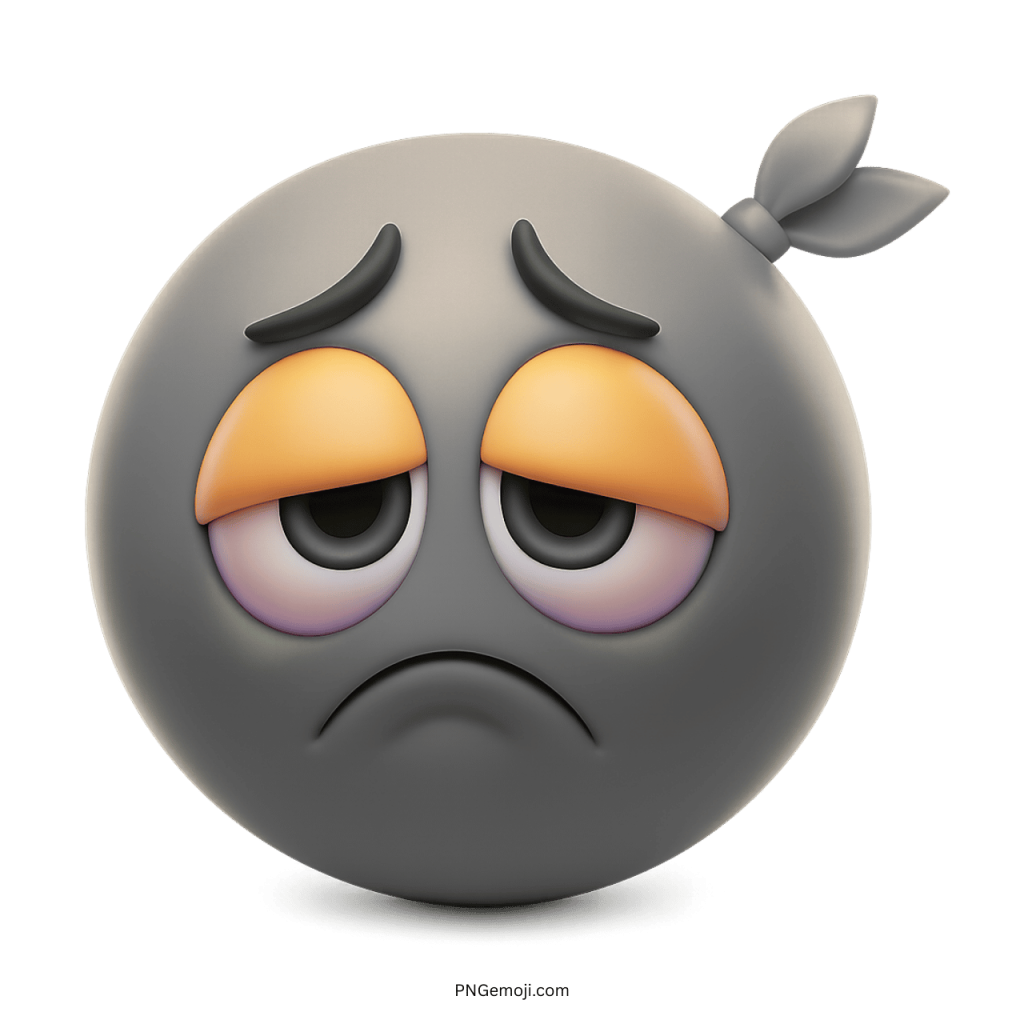 Grey sad emoji with sleepy eyes and sick tired expression