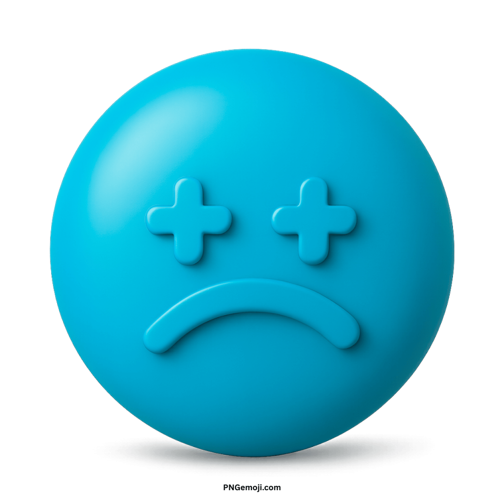 Sad lonely emoji blue face with frown and cross eyes expressing sadness and emptiness
