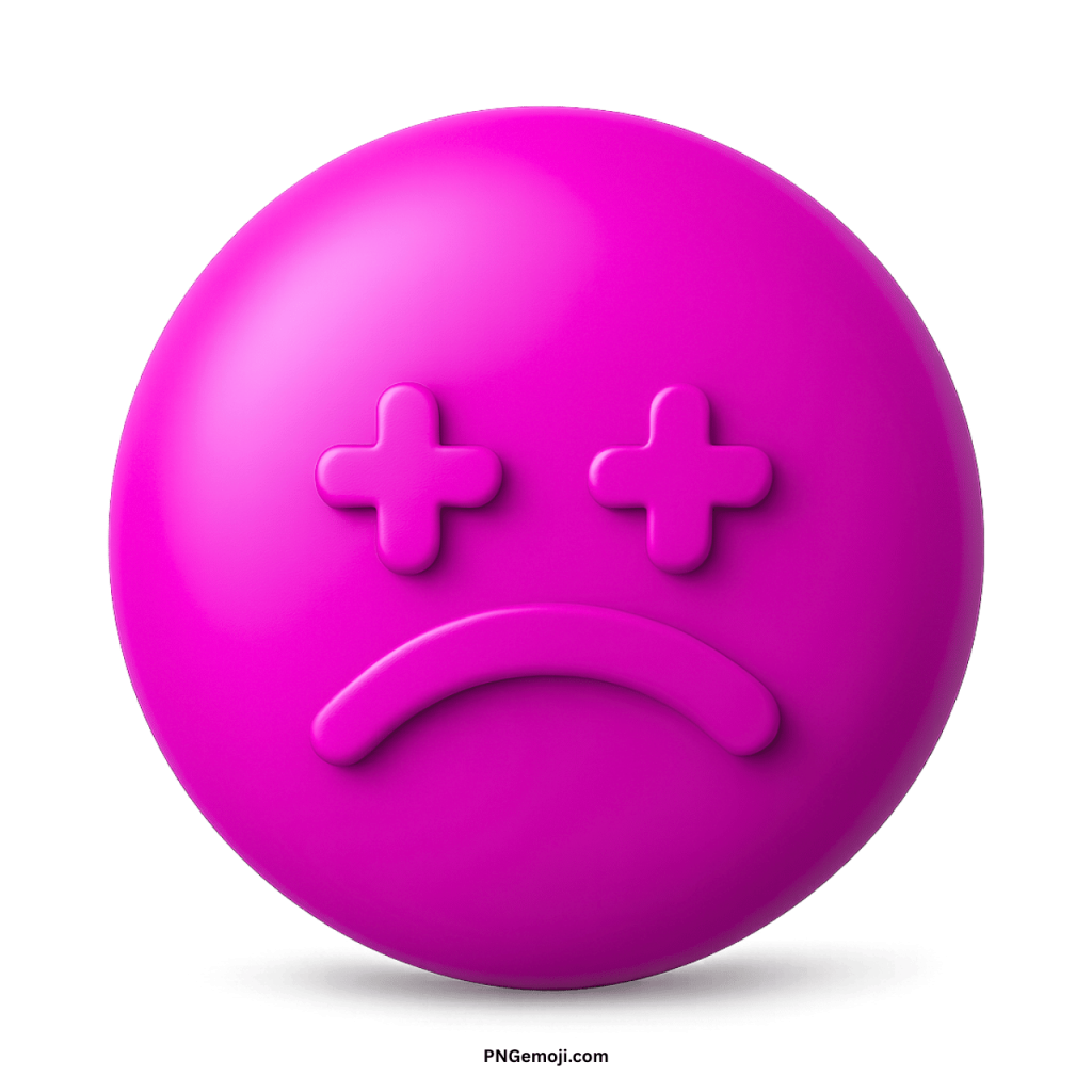 Sad lonely emoji purple face with frown and cross eyes showing sadness and emptiness