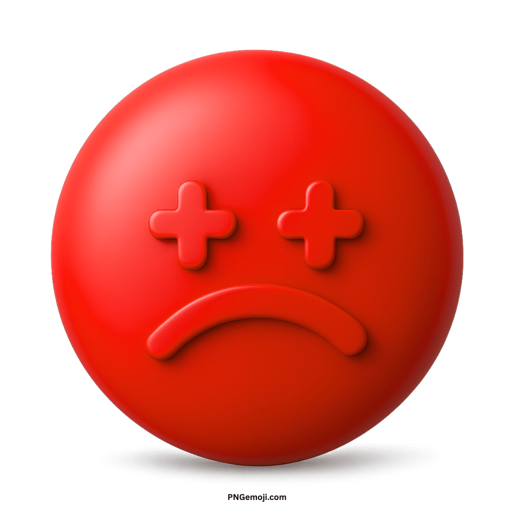 Sad lonely emoji red face with frown and cross eyes expressing pain and sorrow