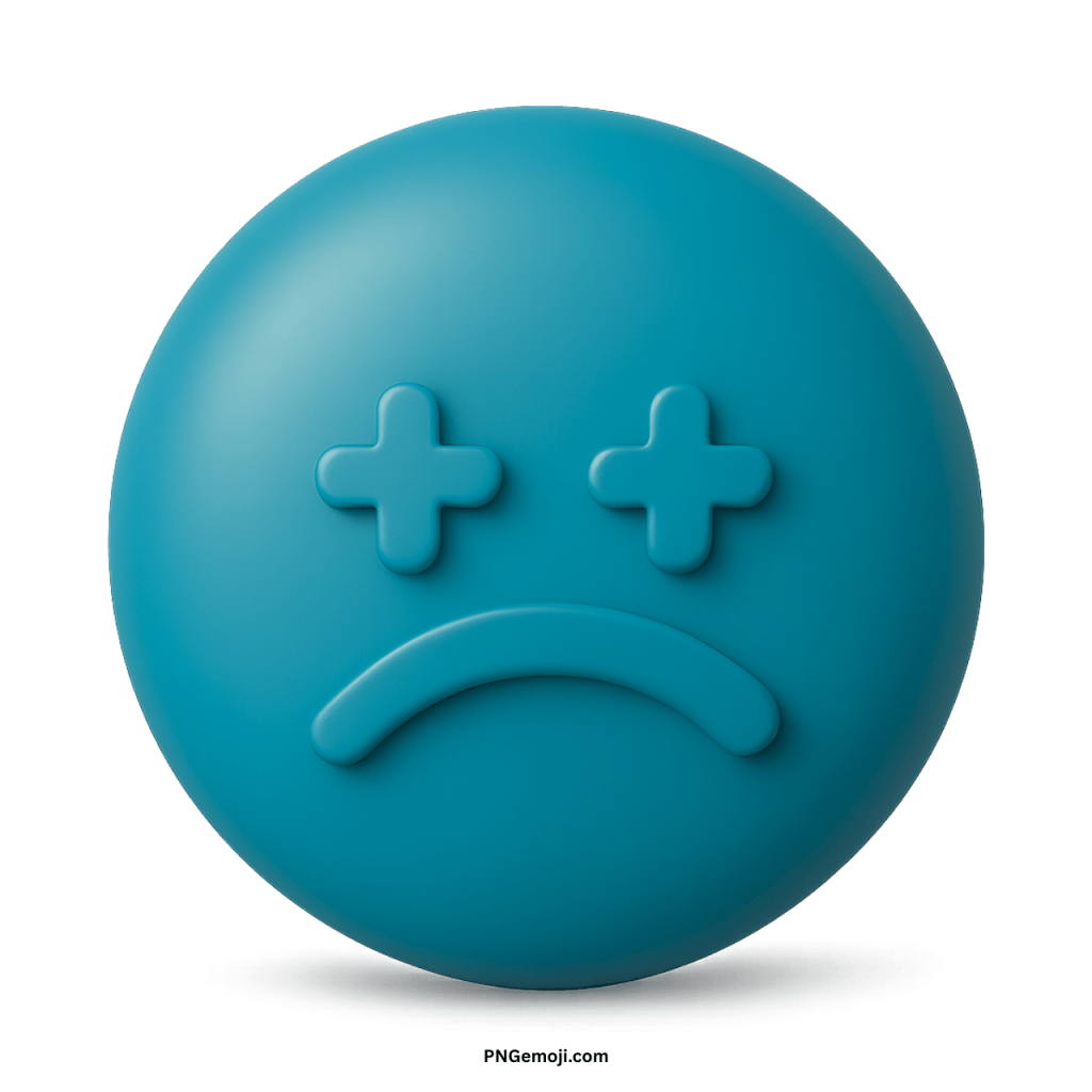 Sad lonely emoji teal face with frown and cross eyes expressing grief and loneliness