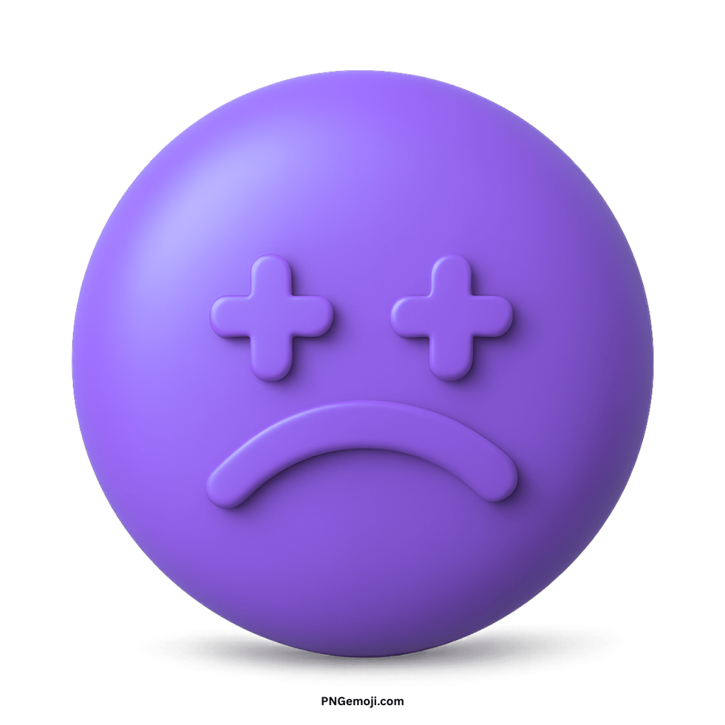 Sad lonely emoji violet face with frown and cross-shaped eyes expressing sorrow and loneliness