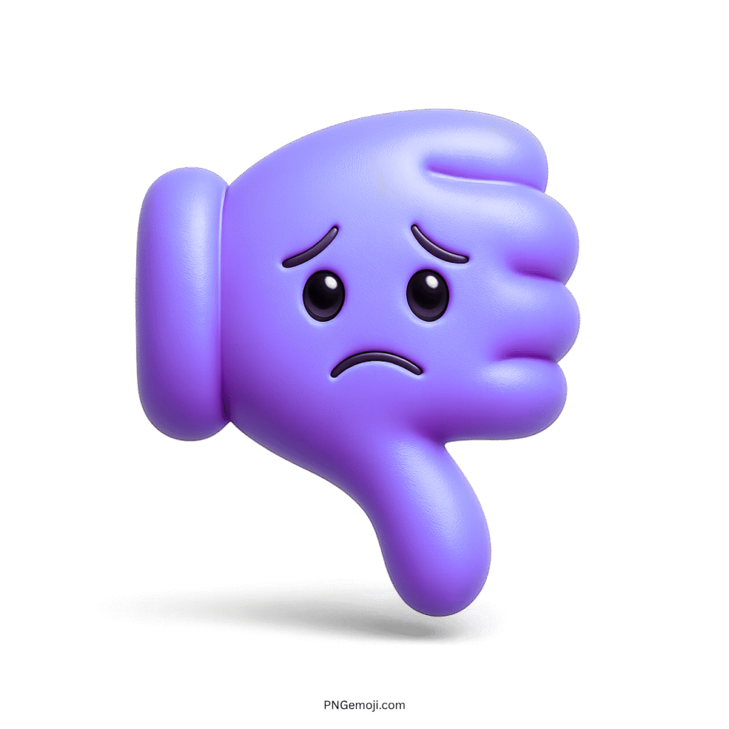 Sad Thumbs Down Emoji 3D purple with glossy texture, conveying sadness and disapproval.