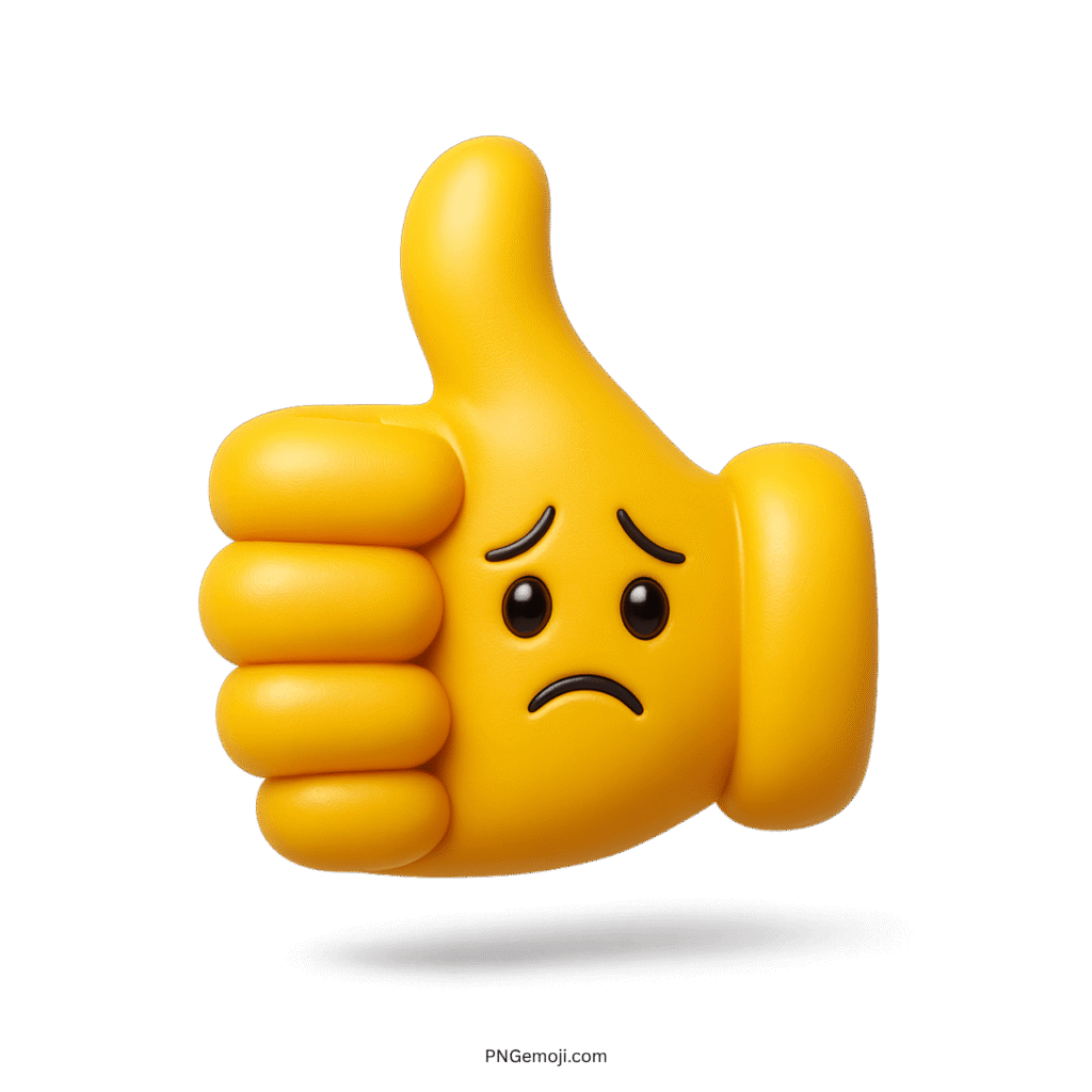 3D yellow thumbs up emoji with sad face, indicating mixed emotions.