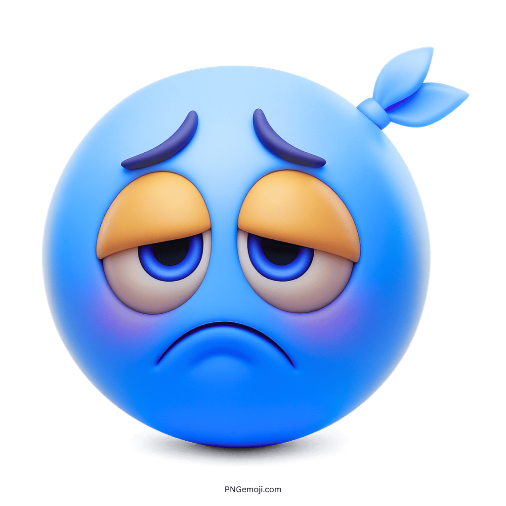 Blue sad emoji with tired droopy eyes and unhappy expression