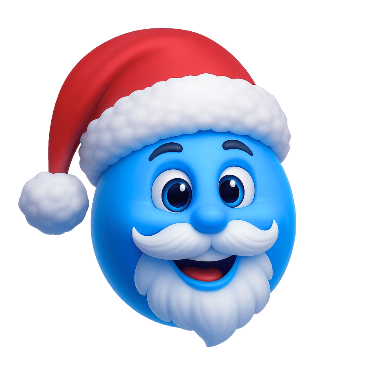 Cute Santa emoticon emoji with blue face, white beard, and Christmas hat