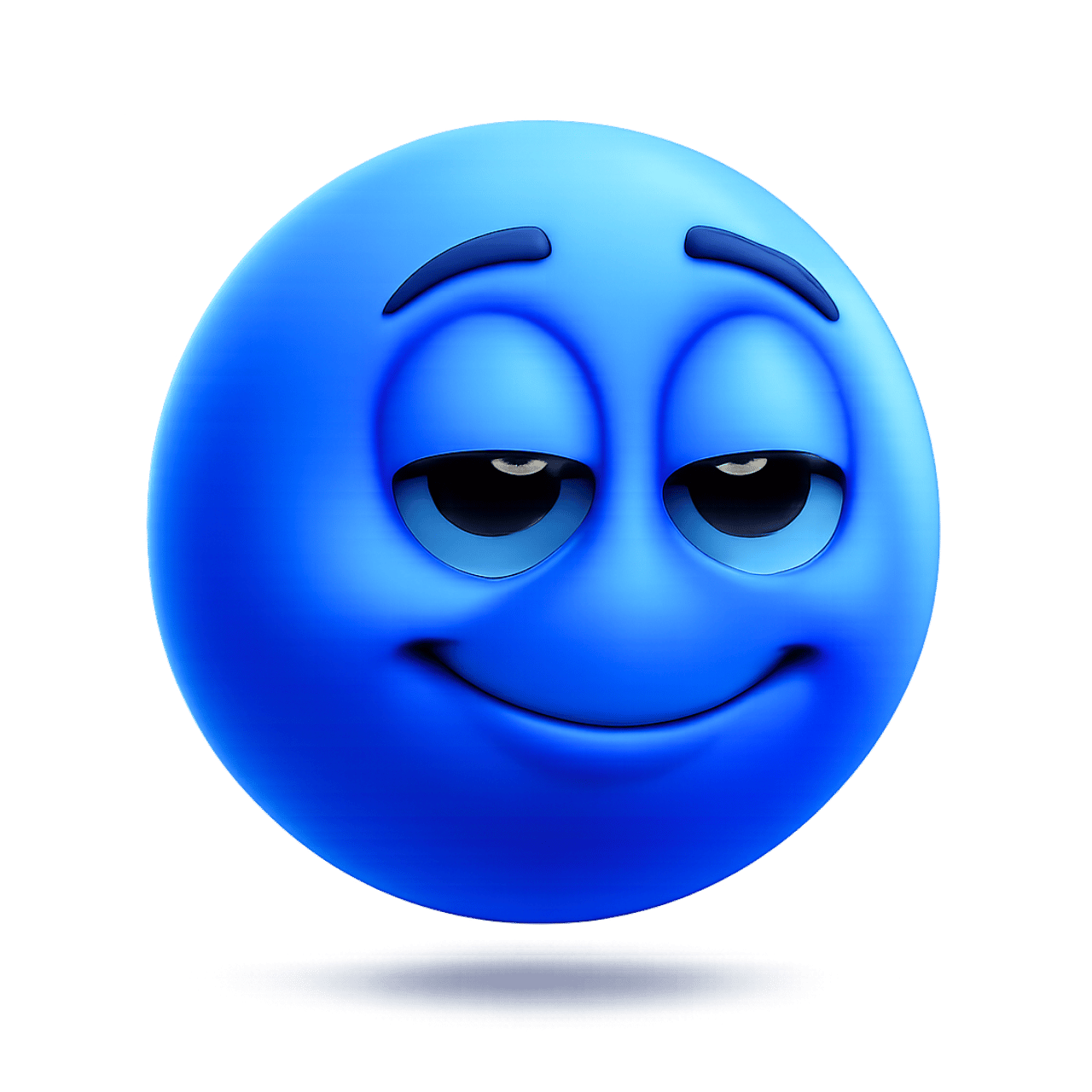 Blue 3D satisfied emoticon emoji with a slight smile and eyes half-closed.