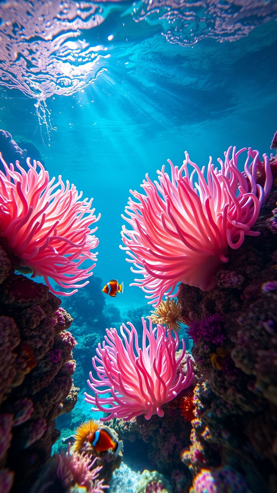 Beautiful sea anemone wallpaper with clownfish swimming in vibrant coral reef underwater scene
