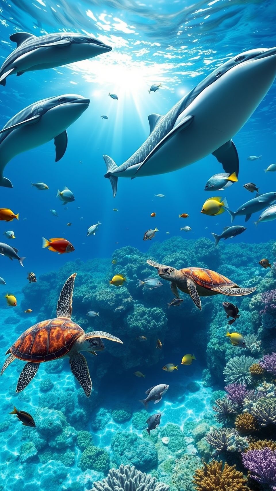 Sea animals in the ocean with dolphins, turtles, and colorful coral reef