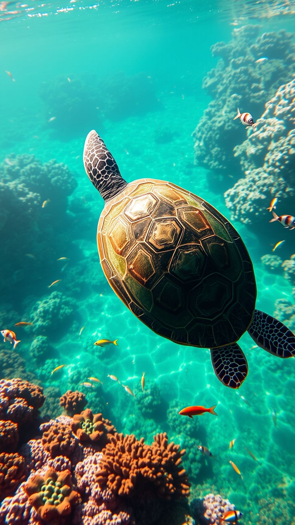 A sea turtle gliding through crystal-clear turquoise water over a vibrant coral reef with colorful fish.