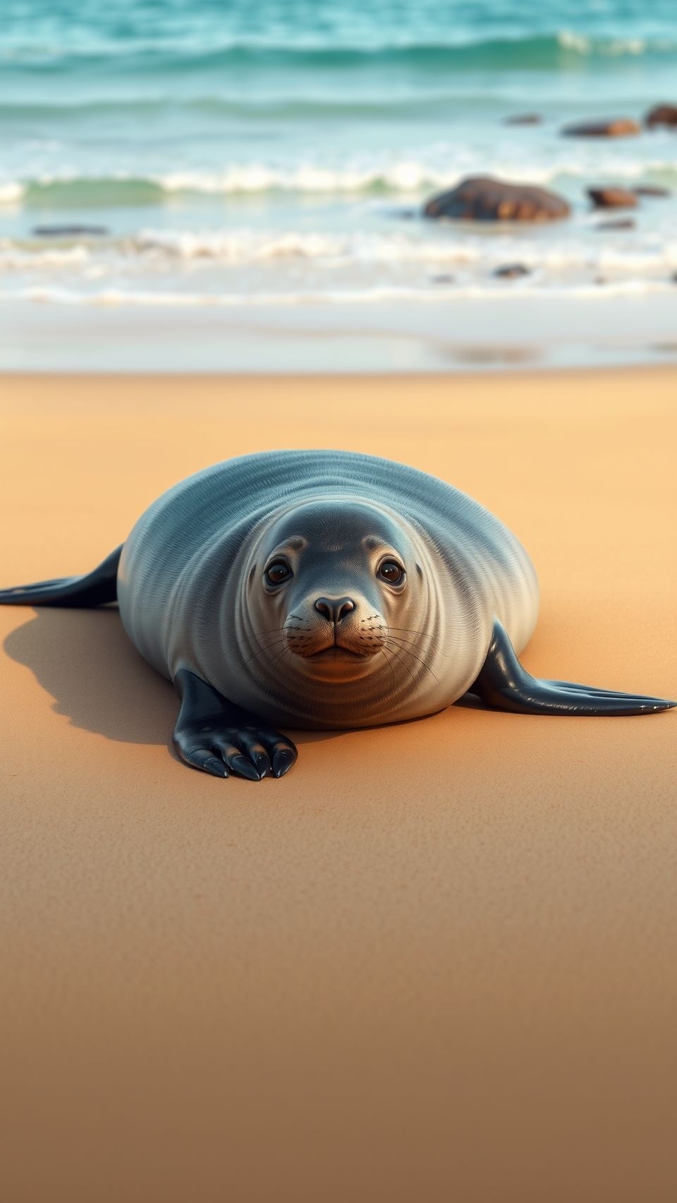 Realistic seal resting on a smooth sandy beach near gentle waves.