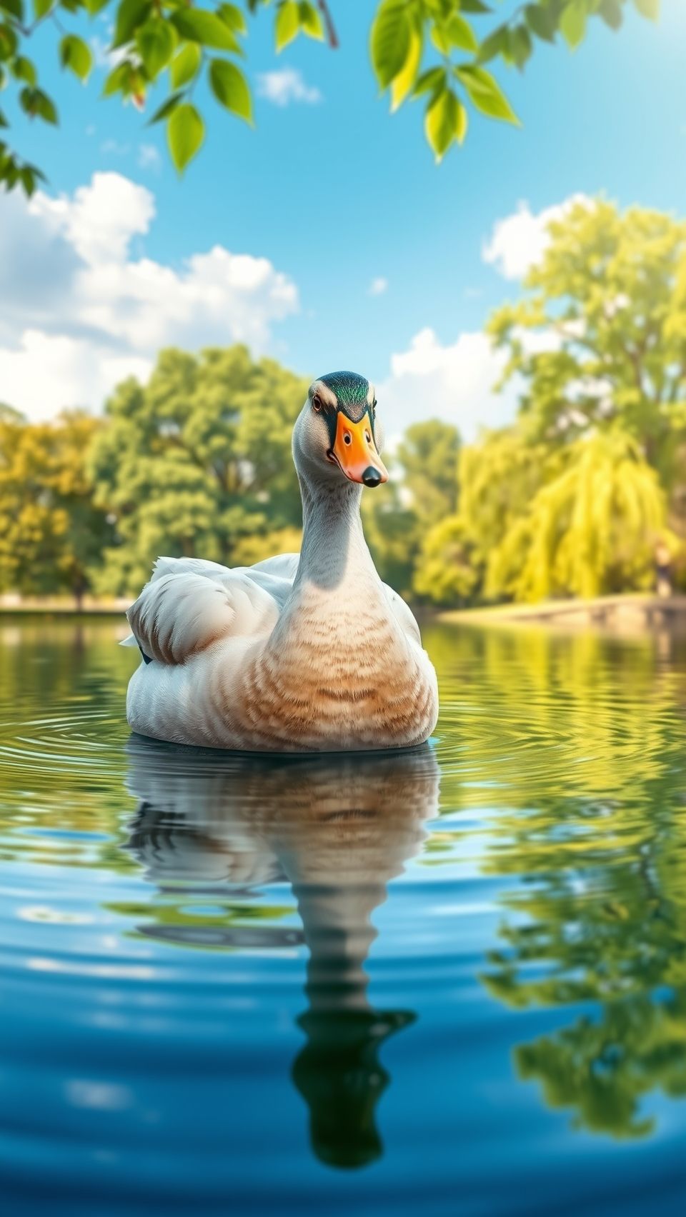 A beautiful duck swimming gracefully in a serene pond surrounded by trees.