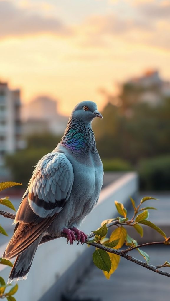 A serene pigeon perched on a branch during sunset in a cityscape background.