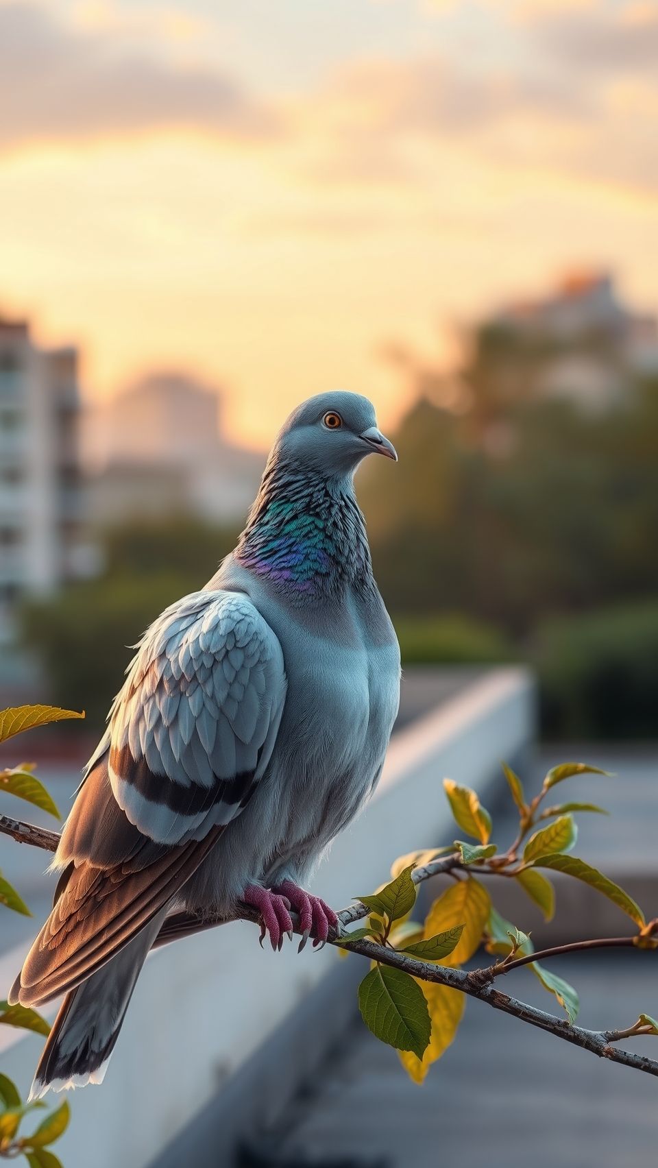 A serene pigeon perched on a branch during sunset in a cityscape background.
