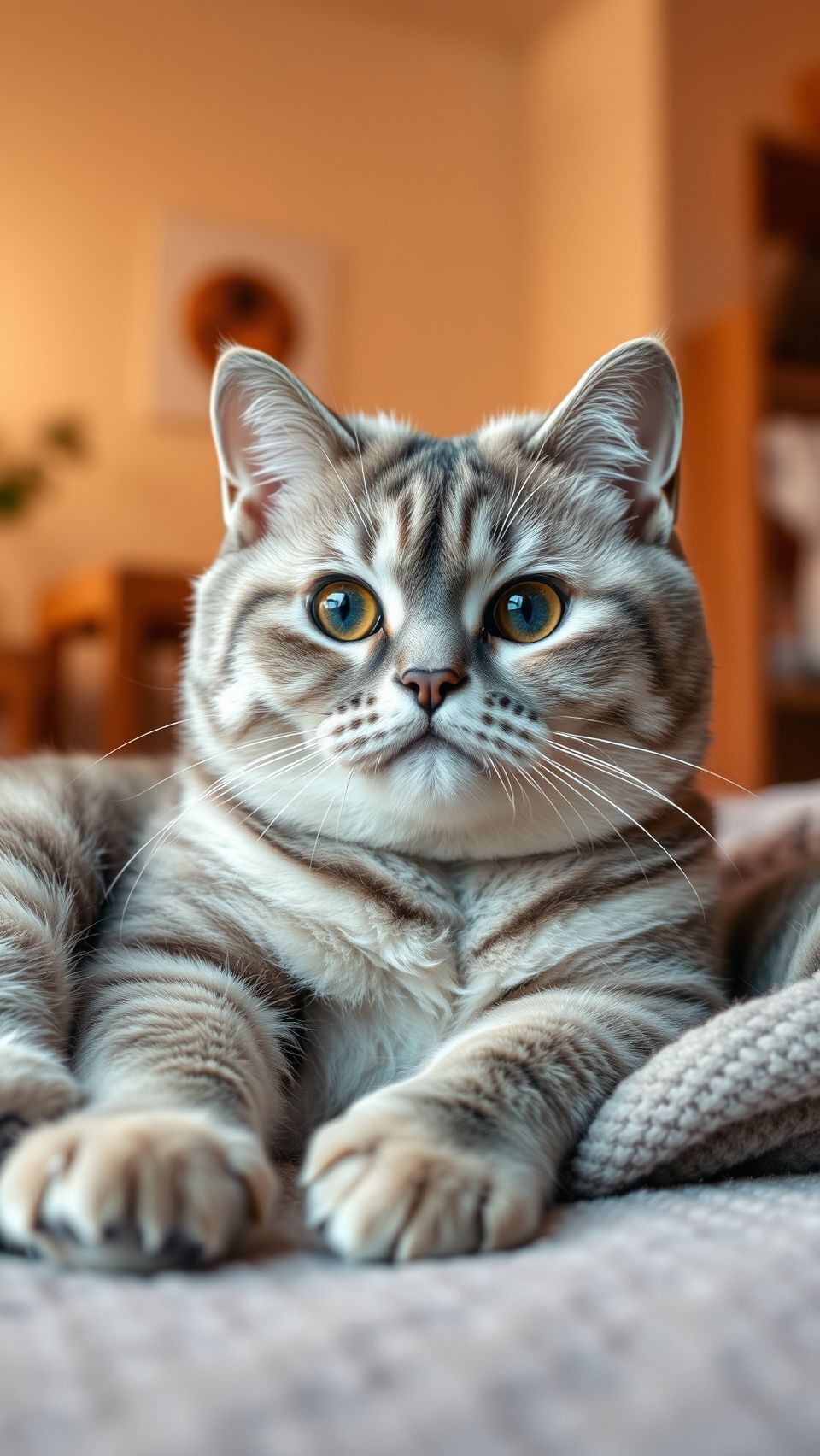 Serene Scottish Fold cat lounging in a cozy indoor setting with a calm expression