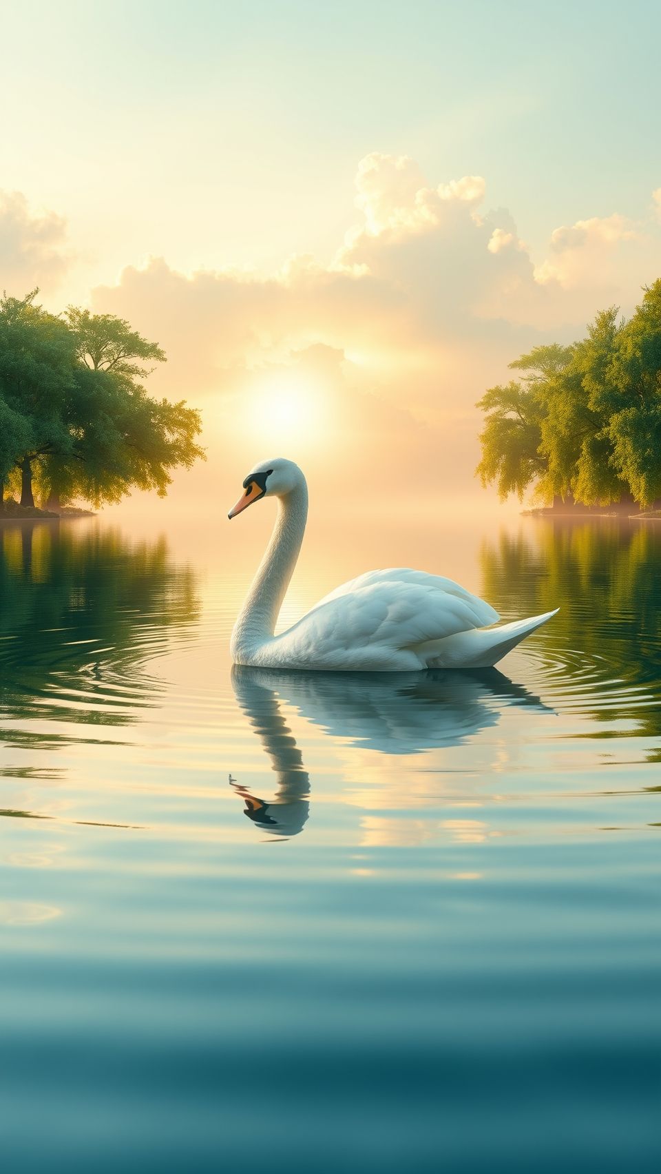 A graceful swan swimming on a calm lake during sunset with gentle ripples and peaceful surroundings