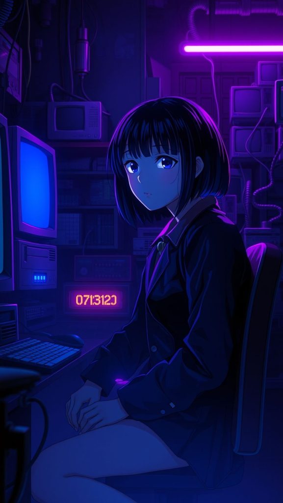 Serial Experiments Lain wallpaper featuring Lain Iwakura in cyberpunk dark neon setting