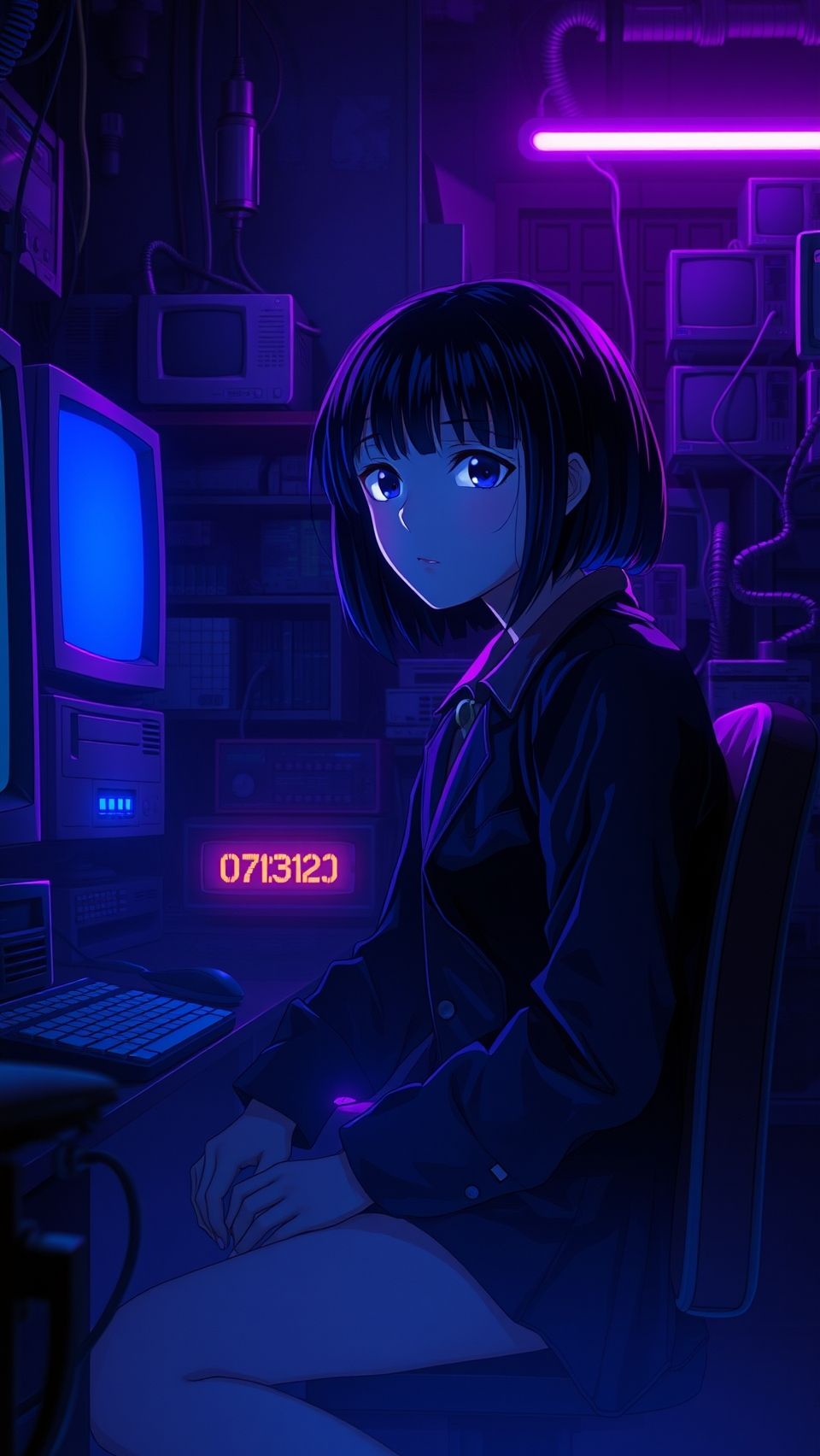 Serial Experiments Lain wallpaper featuring Lain Iwakura in cyberpunk dark neon setting