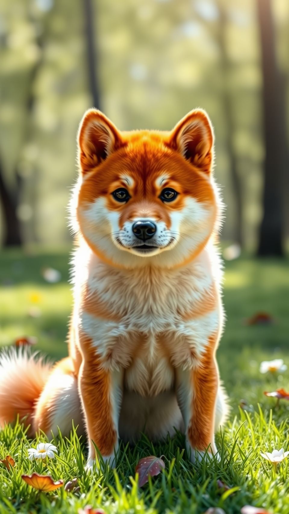 Shiba Inu dog sitting on green grass in a natural outdoor setting with flowers