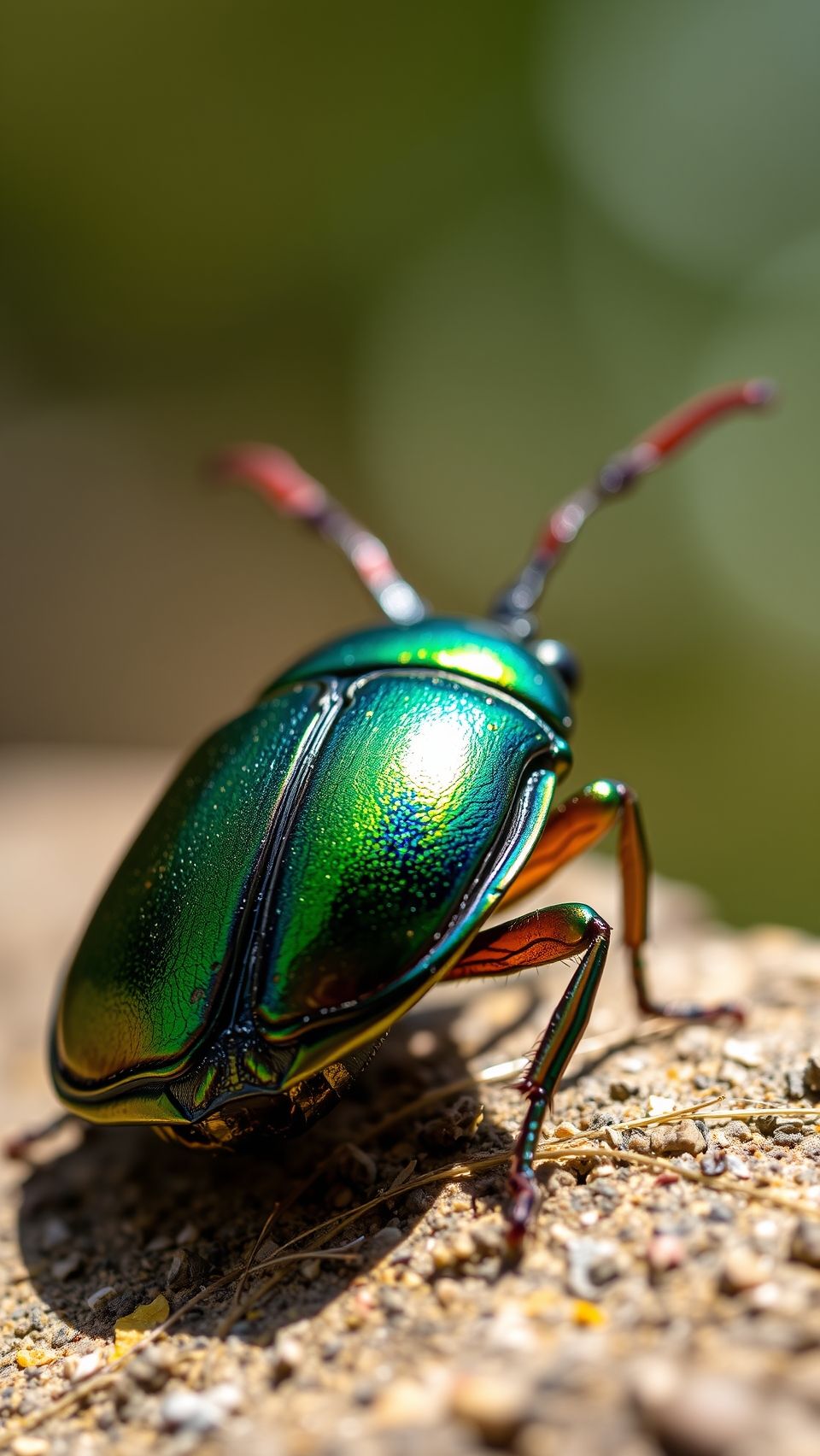 Close-up of shiny metallic green beetle on natural surface in sunlight wallpaper
