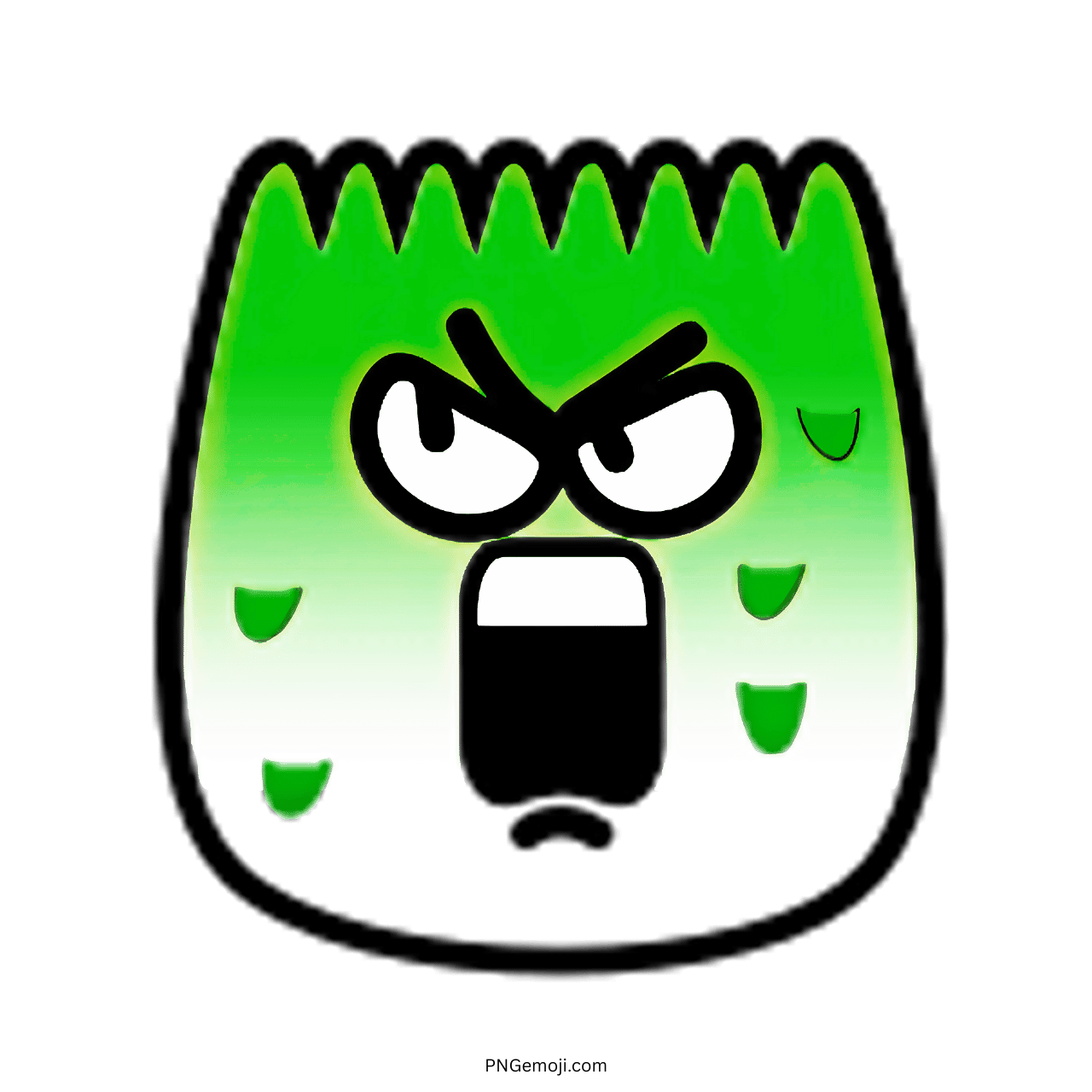 Shock TikTok emoji with angry eyes, shouting mouth, and green gradient cartoon face
