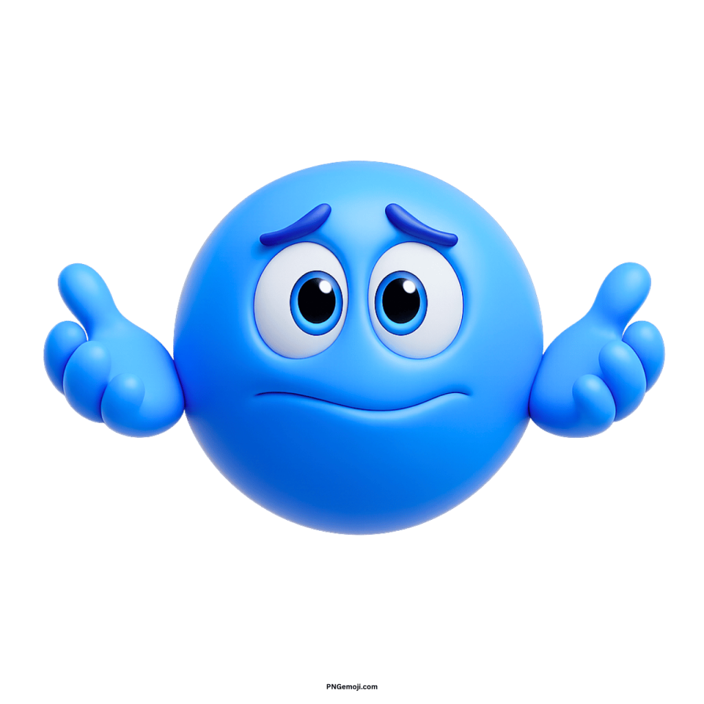 3D blue shrug smiley emoji with confused expression and raised hands on transparent background