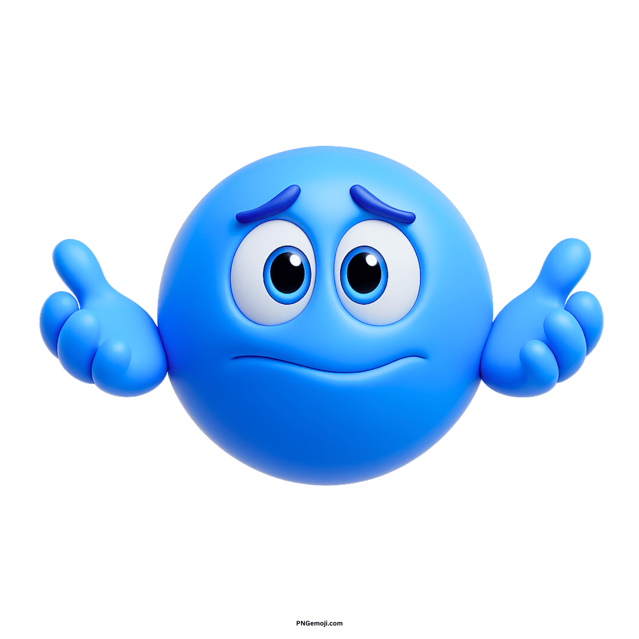 3D blue shrug smiley emoji with confused expression and raised hands on transparent background