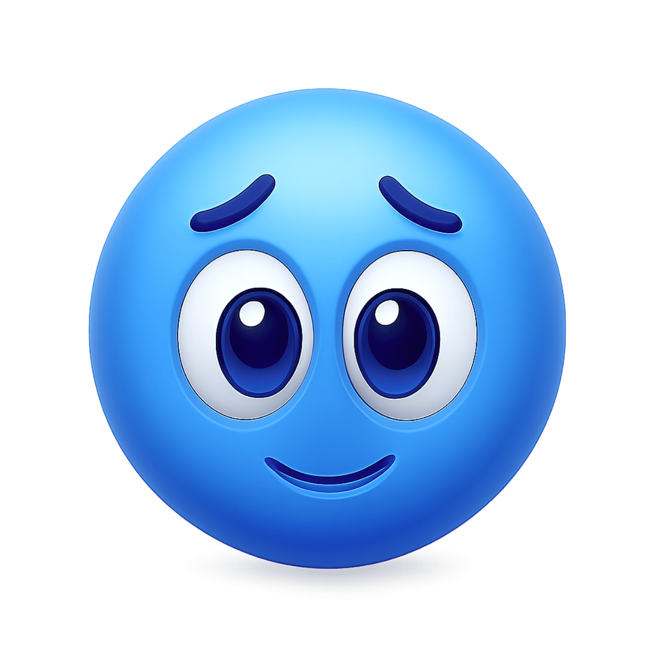 Blue shy and blushing emoji with big eyes and a soft smile, in 3D style