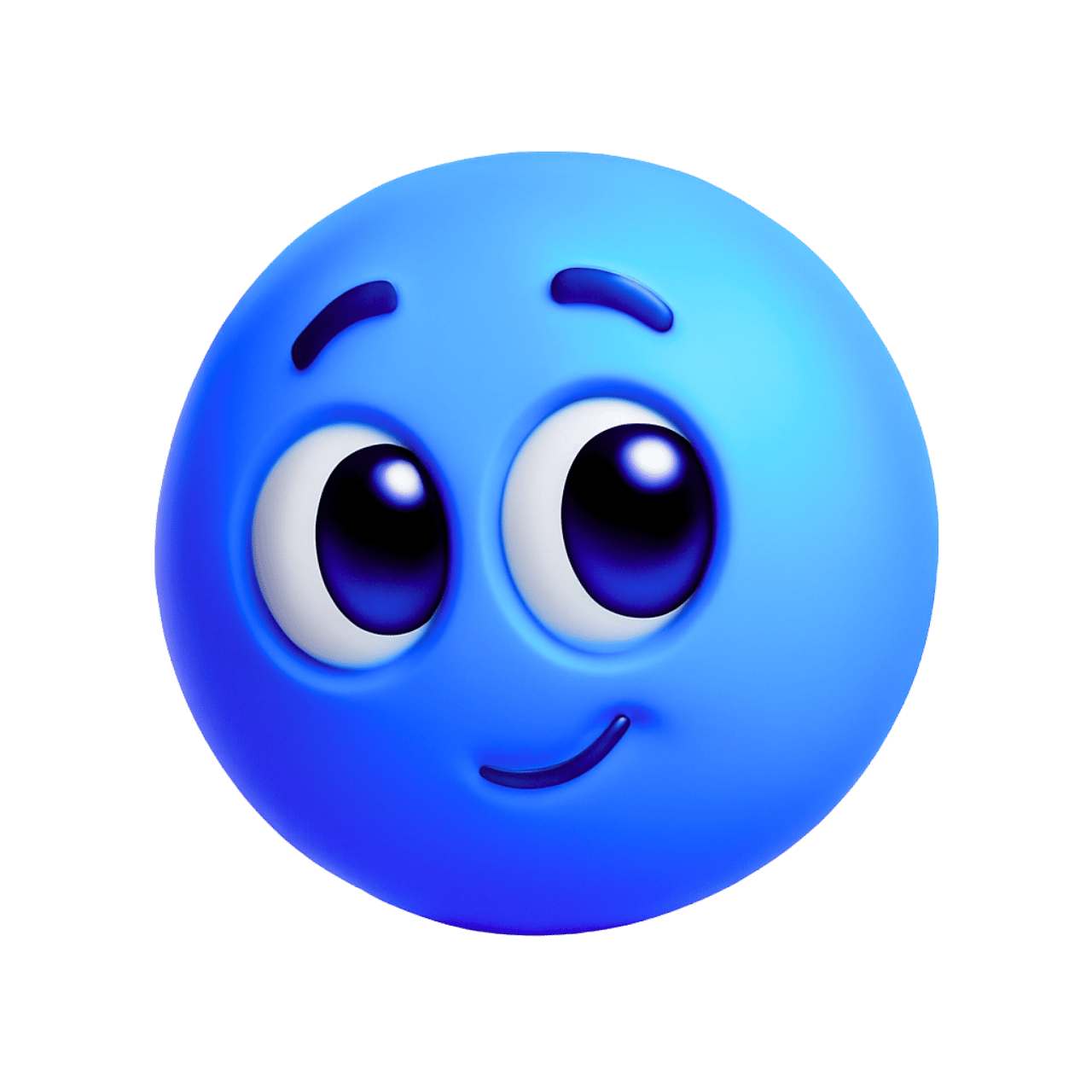 Shy blue emoji with big eyes and a cute smile on transparent background