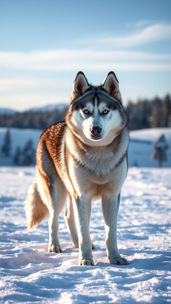 Siberian Husky standing in a snowy landscape with blue eyes