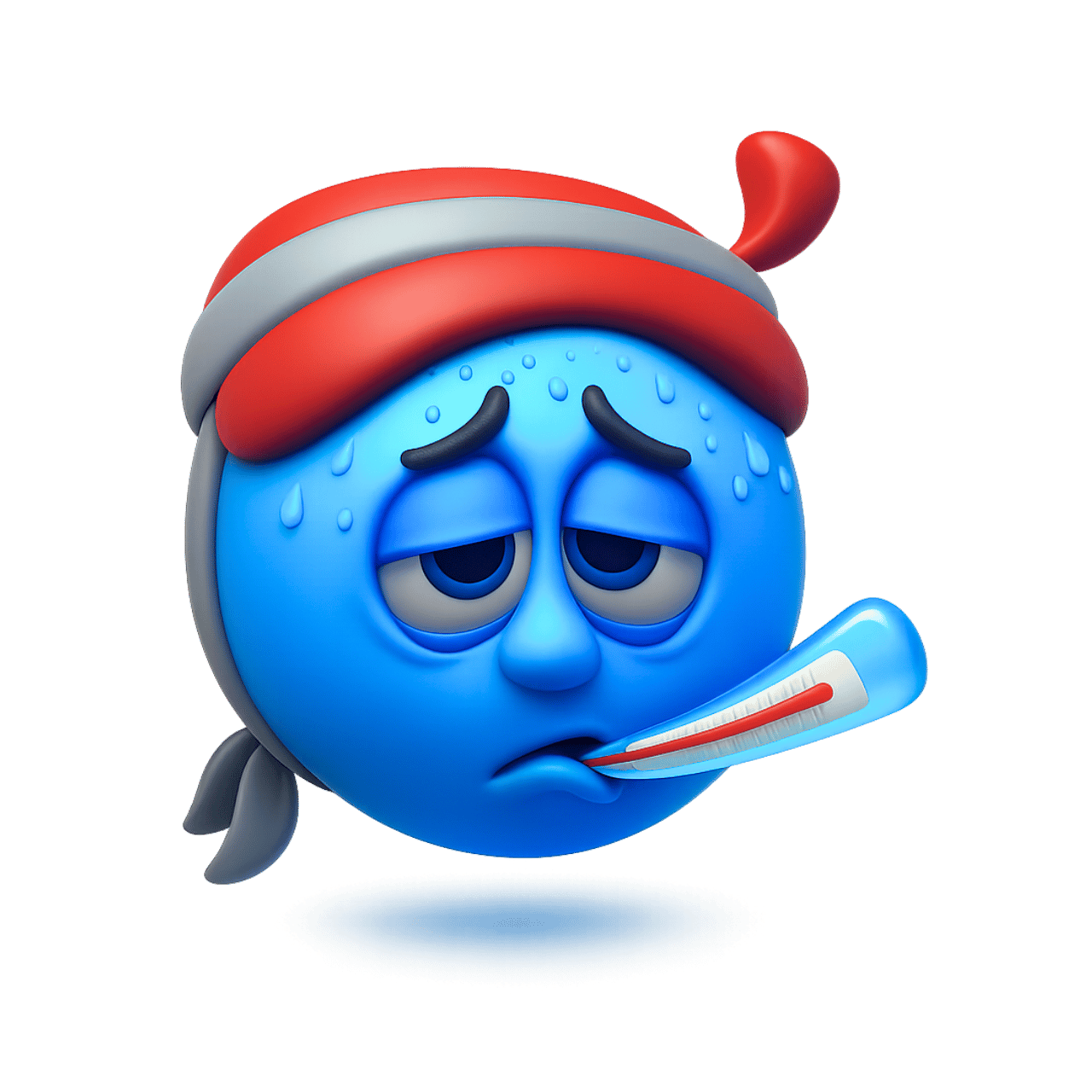 Blue sick emoji with thermometer and fever sweat drops showing illness expression