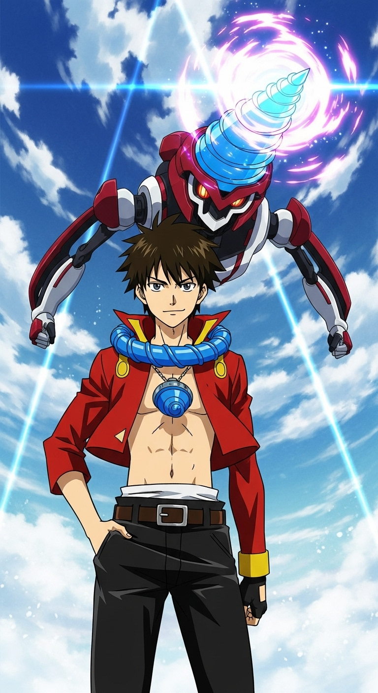 Simon Gurren Lagann anime wallpaper featuring mecha with glowing drill and sky background