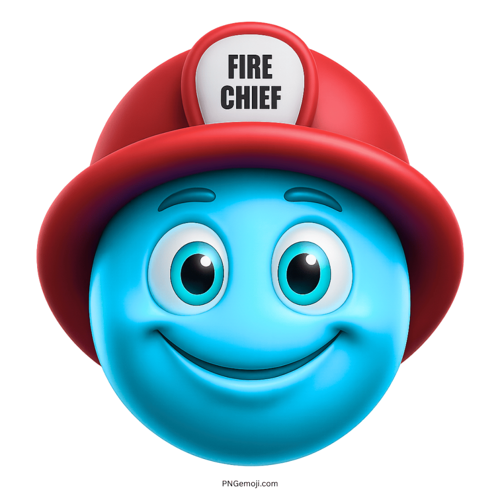 Sky blue happy emoji face wearing red fire chief helmet