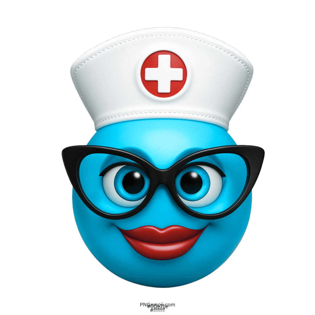 Light blue nurse emoji wearing black glasses white nurse hat red cross