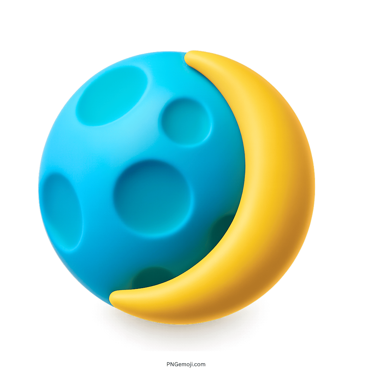 3D sky blue waxing crescent moon emoji with yellow crescent and cratered round surface