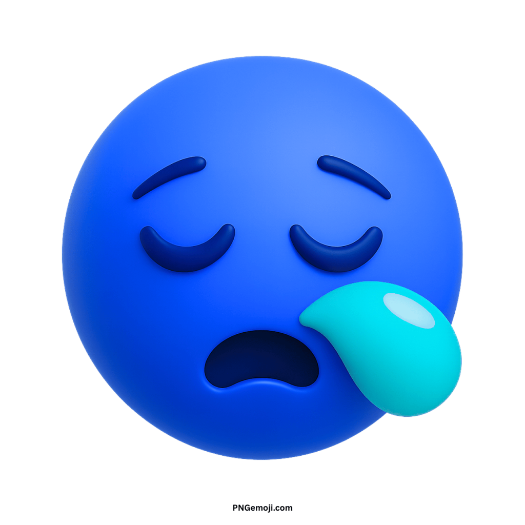 Blue sleepy face emoji with closed eyes and droplet showing tiredness or exhaustion