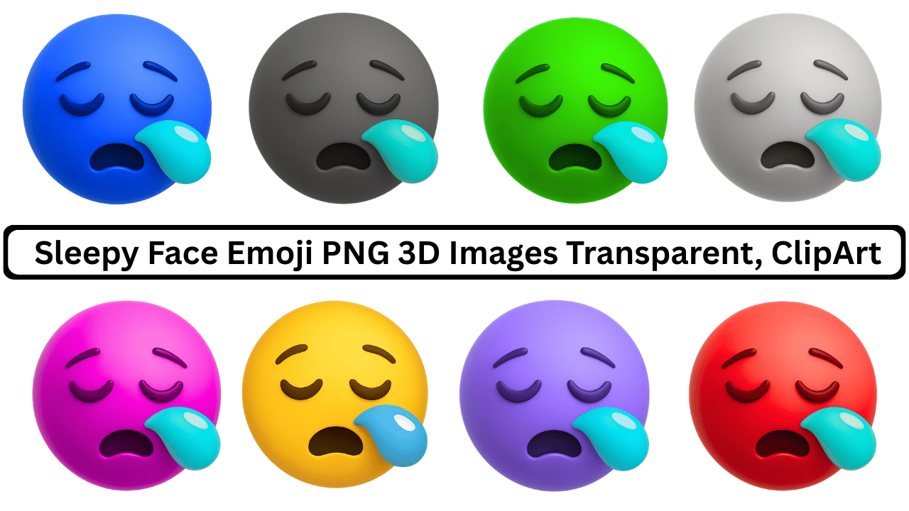 Set of colorful 3D sleepy face emojis with droplet in transparent clipart style